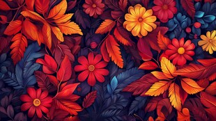 秋日花卉树叶绚丽图案