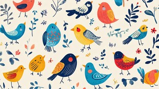 多彩小鸟与花卉图案背景