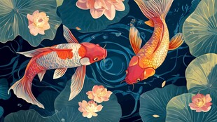 双锦鲤戏于荷花莲叶间