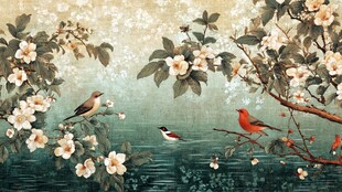 花鸟相依的诗意自然景象