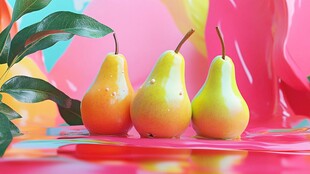 彩色背景上的三颗鲜梨