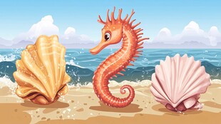 沙滩上的海马与美丽贝壳