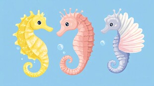 三只可爱海马的梦幻插画