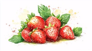水彩绘新鲜草莓与绿叶