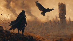 孤身旅人望残城与飞鸟