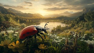 夕阳下瓢虫栖于花草间