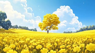 金黄花海中的孤独黄树