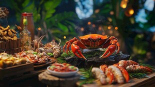 丰盛海鲜盛宴摆于自然间