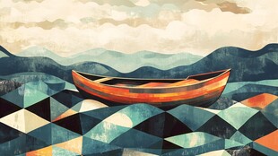 孤舟静置于几何山川间