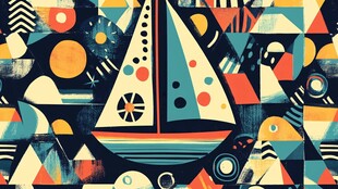 帆船几何图案抽象艺术画