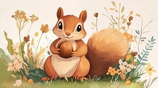 可爱松鼠抱坚果于花丛中