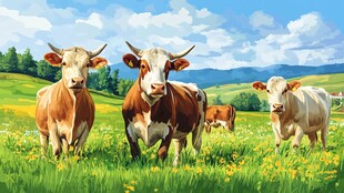 田园牧歌 牛群漫步绿草地