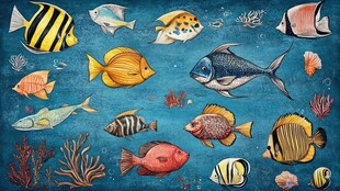 海洋鱼类插画 多样海洋生物