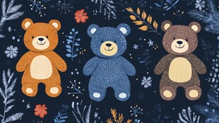 三只小熊的梦幻花卉背景