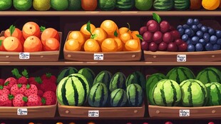 多彩水果陈列在货架上