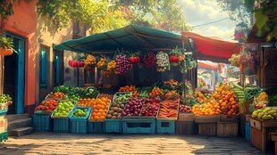 街头多彩水果摊的热闹景象