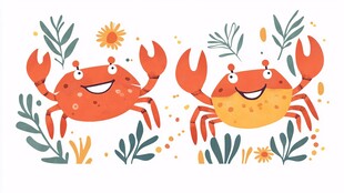 可爱螃蟹与植物插画