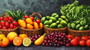 多彩果蔬摆放在编织篮中