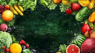 缤纷果蔬环绕的绿色背景