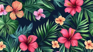 热带花卉与绿叶背景图案