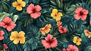 热带花卉与绿叶无缝图案