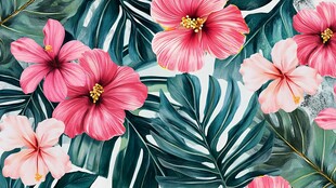 粉色扶桑花与绿叶图案