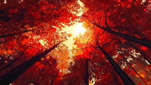 秋日红枫林间的灿烂阳光