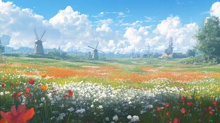 荷兰田园风车花海美景