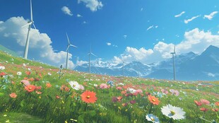 花海风车下的壮丽山景