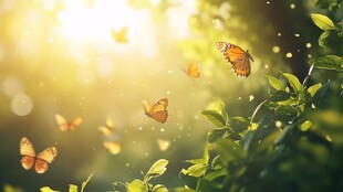 阳光中飞舞的蝴蝶与绿叶