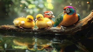 多彩鹦鹉与小黄鸭同栖枝头