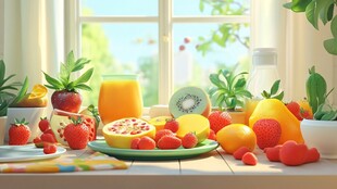 窗边缤纷水果与清新绿植