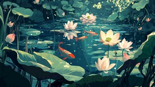 夏日荷塘锦鲤嬉戏图景