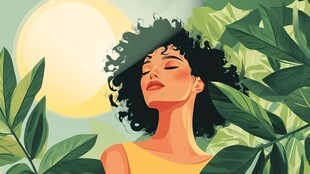 阳光下闭眼享受的卷发女子