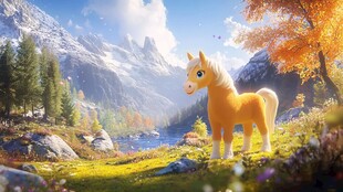 秋日山林中的可爱小马