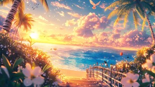 海边日落美景的梦幻小径