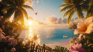 热带海滨的梦幻日落美景