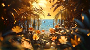 黄昏下的热带海岸花卉景观