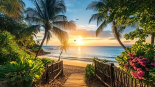 夕阳下的热带海滨迷人小径