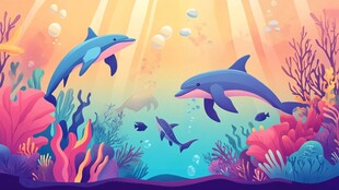 梦幻海底的海豚嬉戏场景