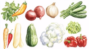 多样水彩蔬菜插画展示
