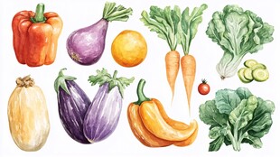 多彩手绘新鲜蔬菜与水果