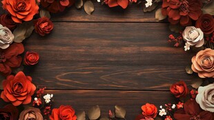 玫瑰簇拥的深色木质背景