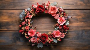 木质背景上的缤纷花卉花环