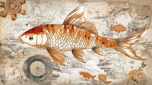 复古风锦鲤航海图插画