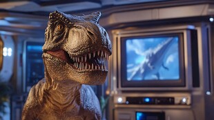 逼真恐龙模型与复古电视场景