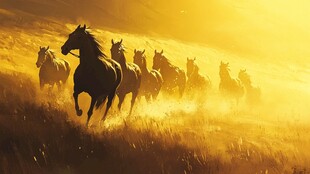 夕阳下骏马奔腾的壮美瞬间