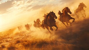 群马奔腾于金色旷野间