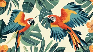 双鹦鹉在热带植物间飞舞