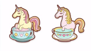 独角兽坐茶杯可爱徽章